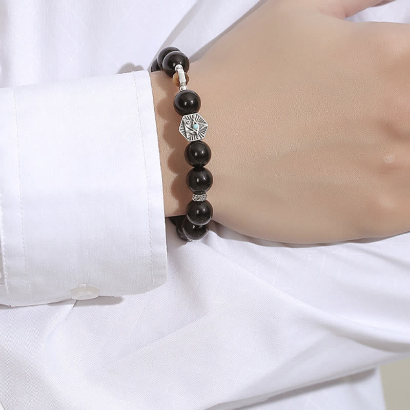 Buddha Stones 925 Sterling Silber Schwarzer Obsidian Tigerauge Auge der Vorsehung Reinigungsarmband - image 12