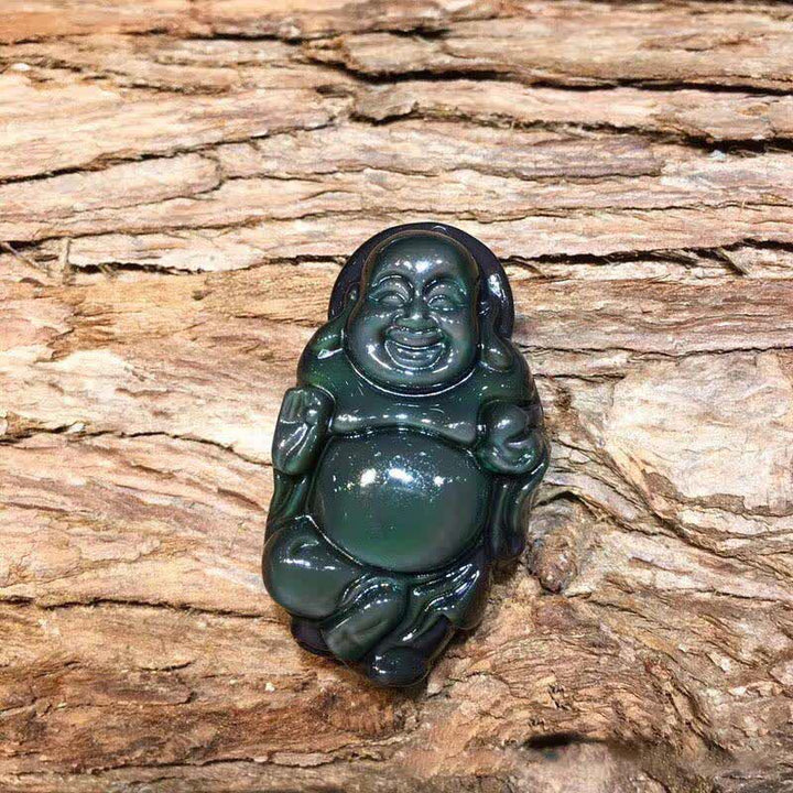 Halskettenanhänger mit natürlichem Regenbogen-Obsidian, lachender Buddha, innerer Frieden