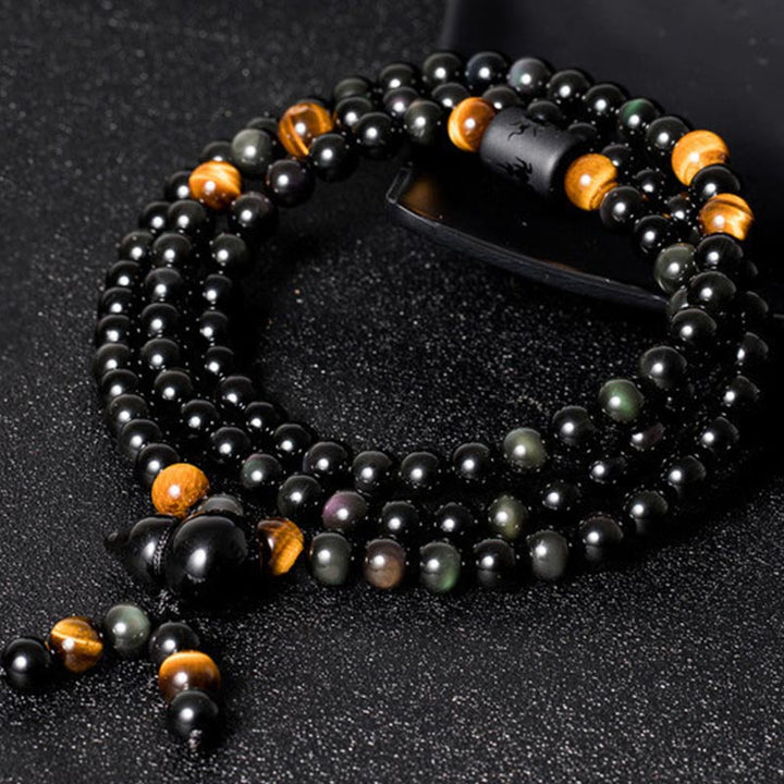 Buddha Stones Natürliches schwarzes Obsidian-Regenbogen-Obsidian-Kürbis-Segen-Armband Mala