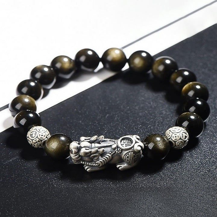 Buddha Stones 925 Sterling Silber Natürlicher Goldglanz Obsidian PiXiu Reichtumsschutzarmband - image 1