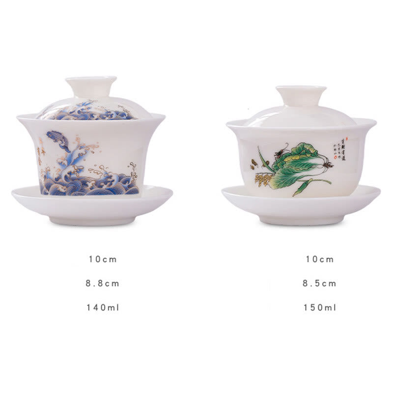 Buddha-Steine, Weiß Porzellan, Berglandschaft, Landschaft, Keramik, Gaiwan-Teetasse, Kung-Fu-Teetasse und Untertasse mit Deckel