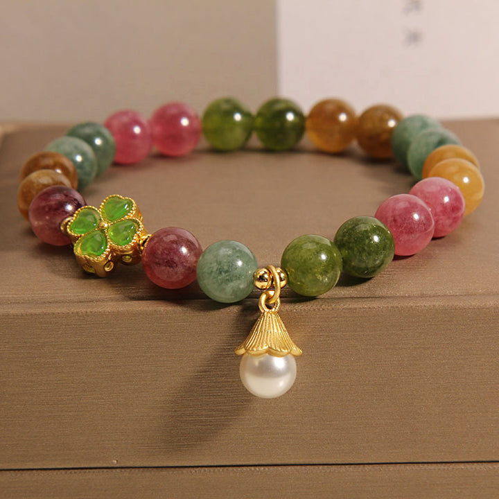 Buddha-Steine, buntes Turmalin-Armband mit vierblättrigem Kleeblatt und Blume, Weisheitsarmband