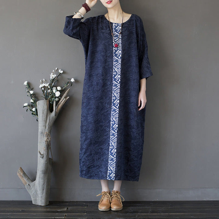 Buddha Stones – Jacquard-Midikleid mit Blumenstickerei, Blau, Dreiviertelärmeln, Baumwollkleid mit Taschen