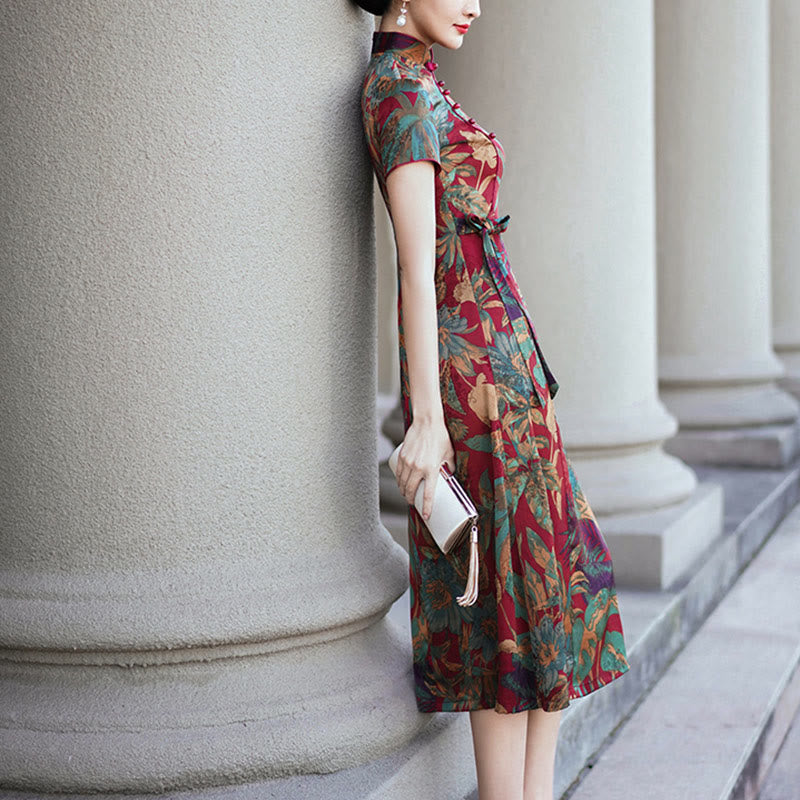 Buddha Stones Seide Qipao Kleid Retro Blumen Blatt Muster Damen Cheongsam Kleid