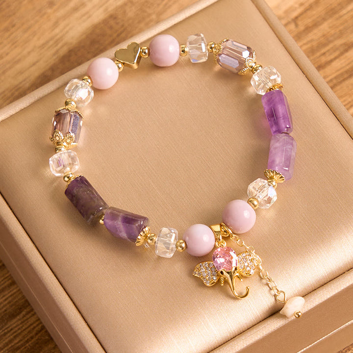 Buddha Stones Amethyst Grüner Aventurin Erdbeerquarz Positives Elefanten-Charm-Armband