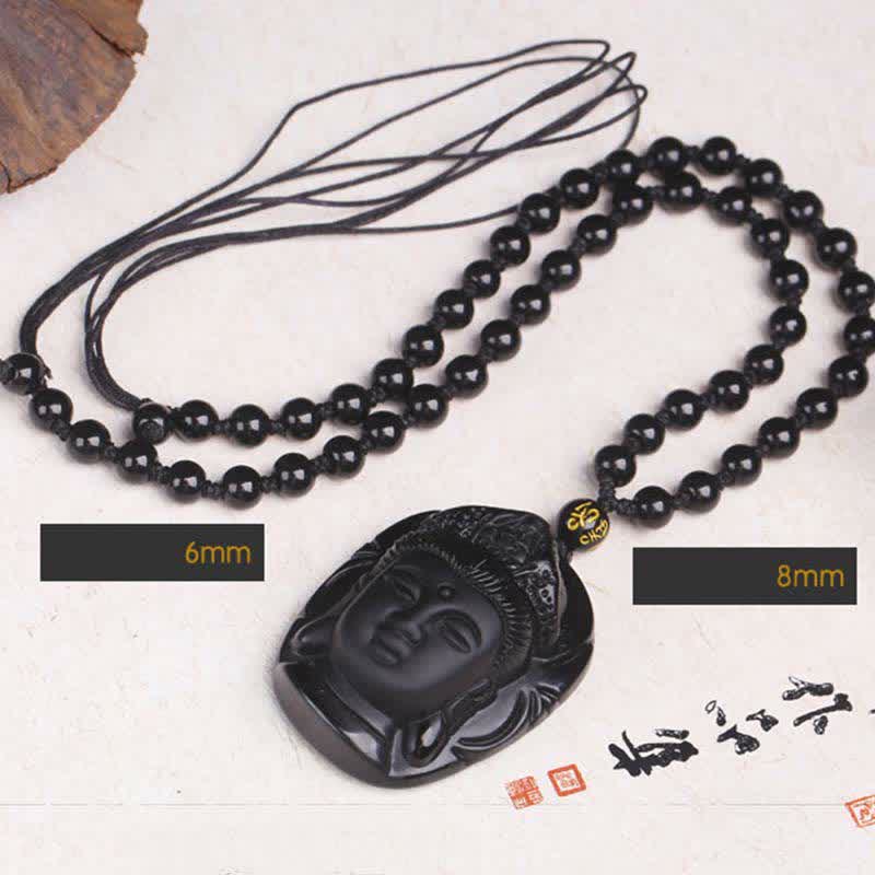 Buddha Stones Natürlicher schwarzer Obsidian Kwan Yin Avalokitesvara Kraftschnur-Halskettenanhänger - image 8