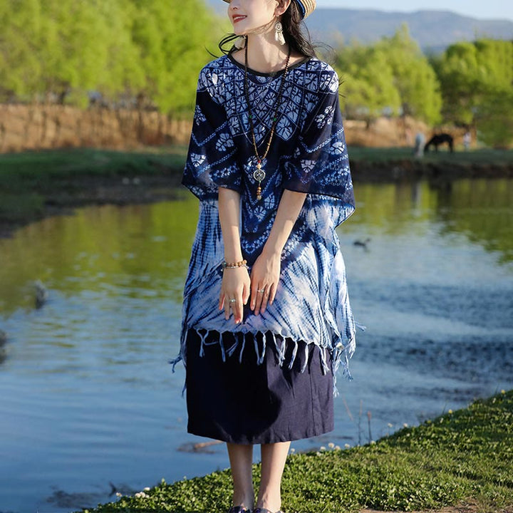 Buddha-Steine, blau gestreift, floral, Indigo-Färbung, Schal, Quasten, gemütlicher Pullover, 90 x 95 cm