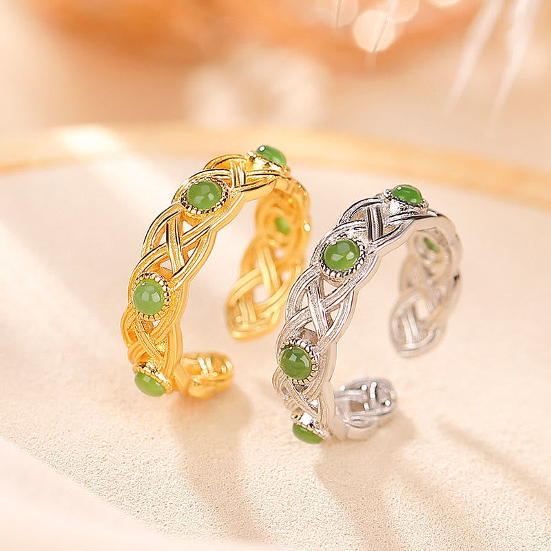 Verstellbarer Ring mit Buddha Stonesn, 925er-Sterlingsilber, vergoldet, Cyan-Jade, geflochtenes Design, Erfolg, Glück - image 0