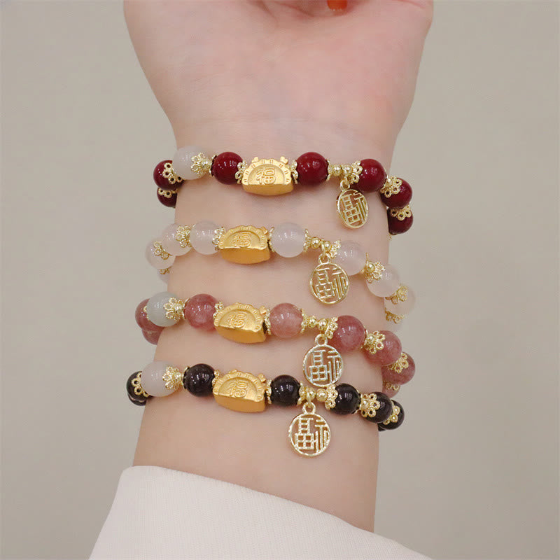 Buddha Stones, Jahr des Drachen, roter Achat, Erdbeerquarz, schwarzer Obsidian, Jade, Granat, Perle, Zinnober, Knödel, Drache, Glück, Fu, Charakter-Armband - image 2