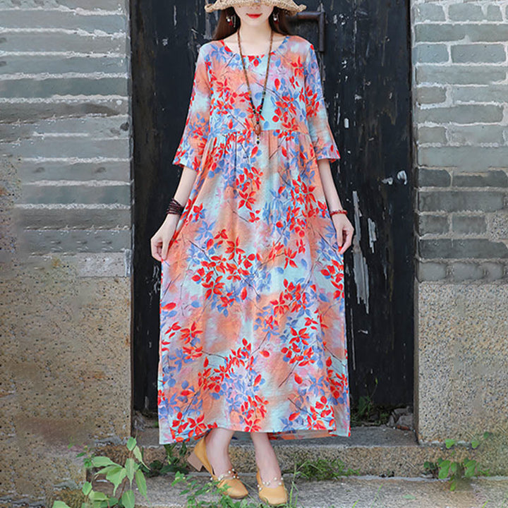 Midikleid mit Buddha-Steinen und Blumen-Print, Tunikakleid aus Baumwolle und Leinen mit Taschen