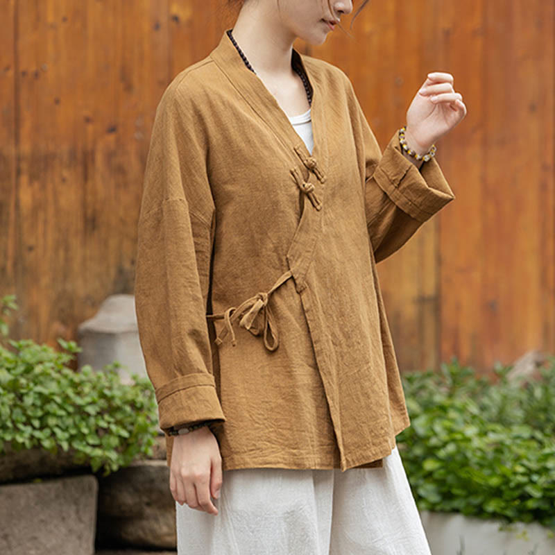 Buddha Stones Frosch-Knopf Hanfu Design Shirt Top Ramie Leinen Jacke