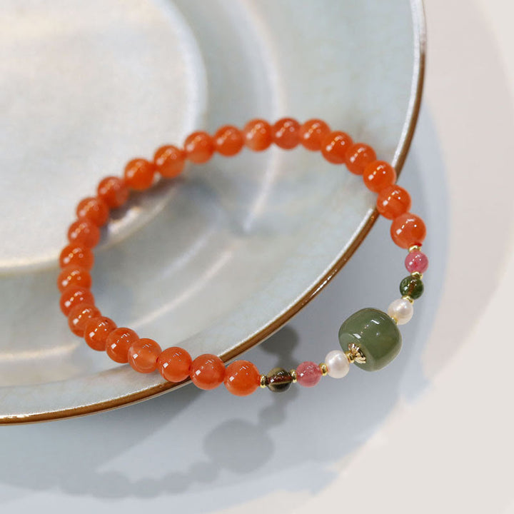 Buddha Stones Armband aus natürlichem rotem Achat und Hetian-Jade-Perle für Selbstvertrauen und Ruhe