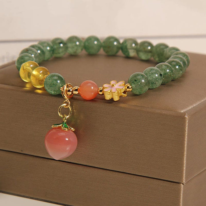 Buddha Stones Armband mit Charms, Natur, grün, Erdbeerquarz, Liebespfirsich