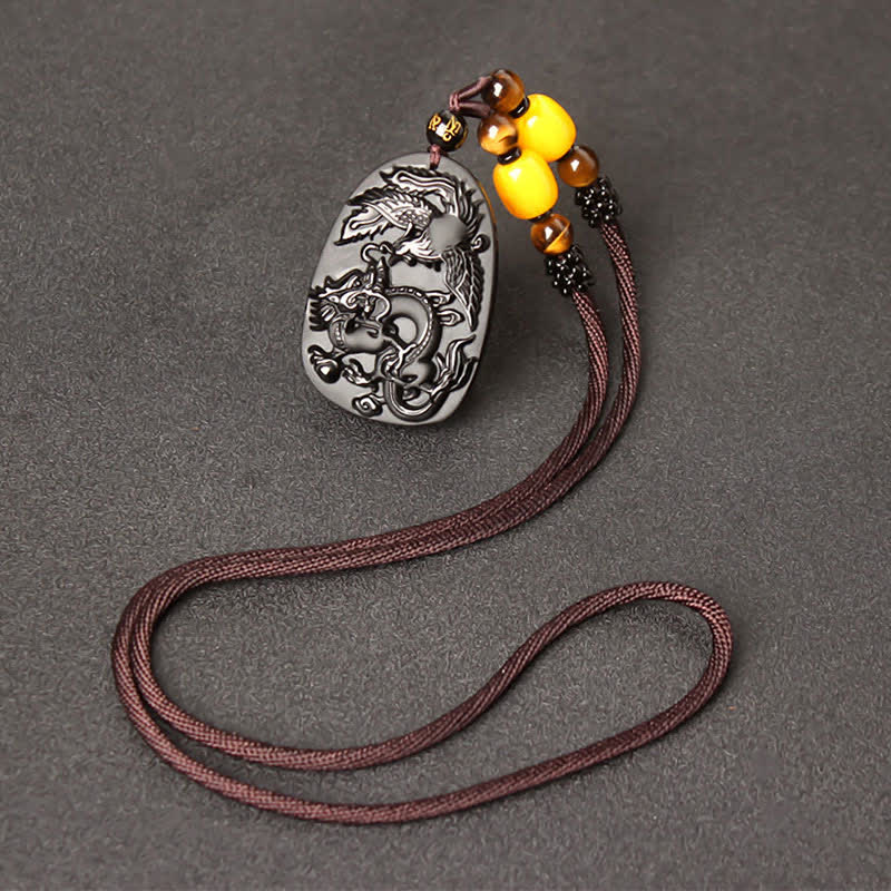 Schwarzer Obsidian Tigerauge Drache Phönix Schutz Perlen Halskette Anhänger - Obsidian & Tigerauge Perlenkette - image 8