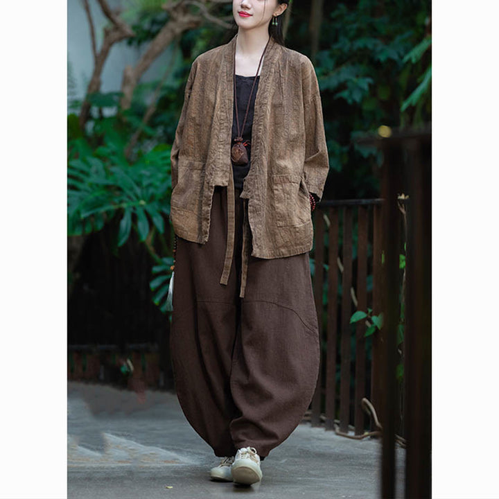 Buddha Stones Hanfu Design Dreiviertelärmel Ramie Leinen Mantel vorne offen Oberteil Jacke