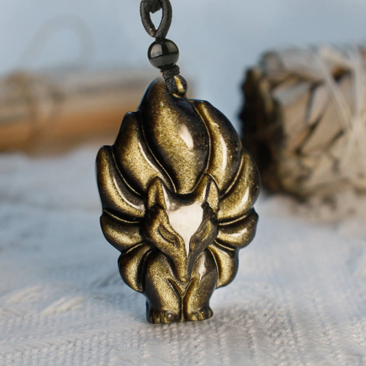 Buddha Stones Natürliche Fluorit-Goldglanz-Obsidian-Fuchs-Anhänger-Schutz-Halskette