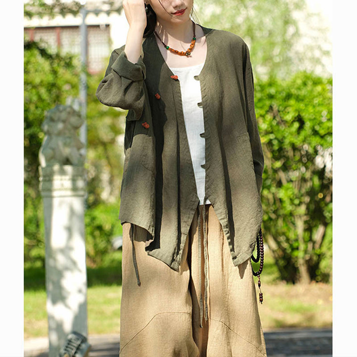 Buddha-Steine, einfarbig, Ramie-Leinen, lockere Bluse, Langarmshirt, chinesisches Hanfu-Oberteil