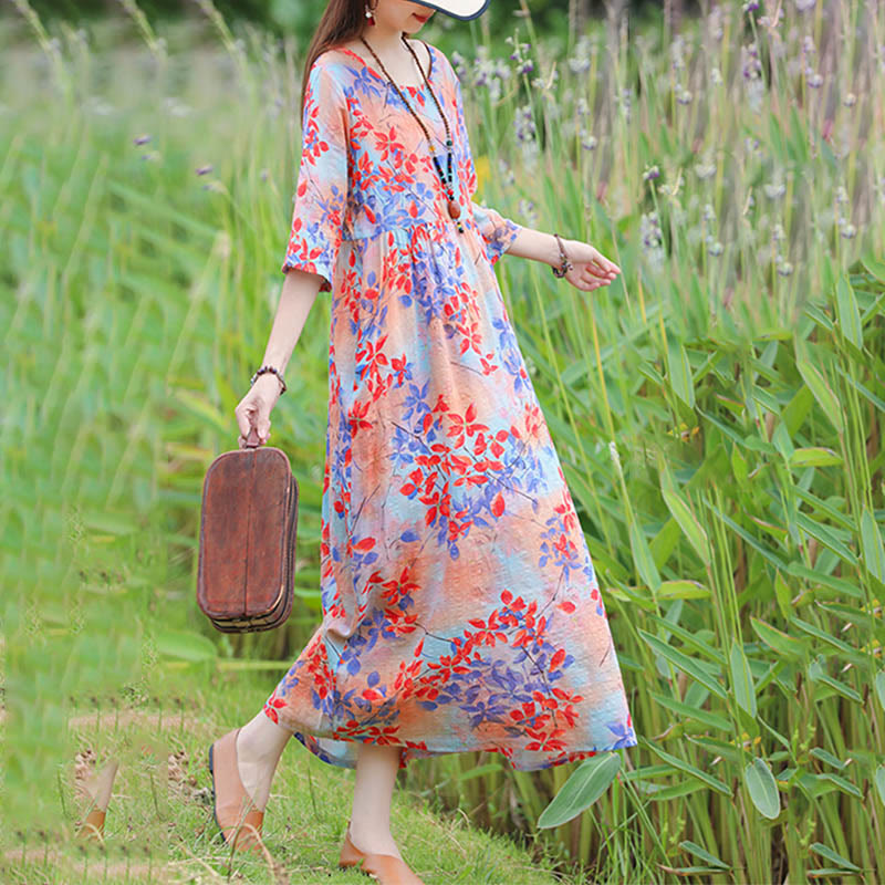 Midikleid mit Buddha-Steinen und Blumen-Print, Tunikakleid aus Baumwolle und Leinen mit Taschen