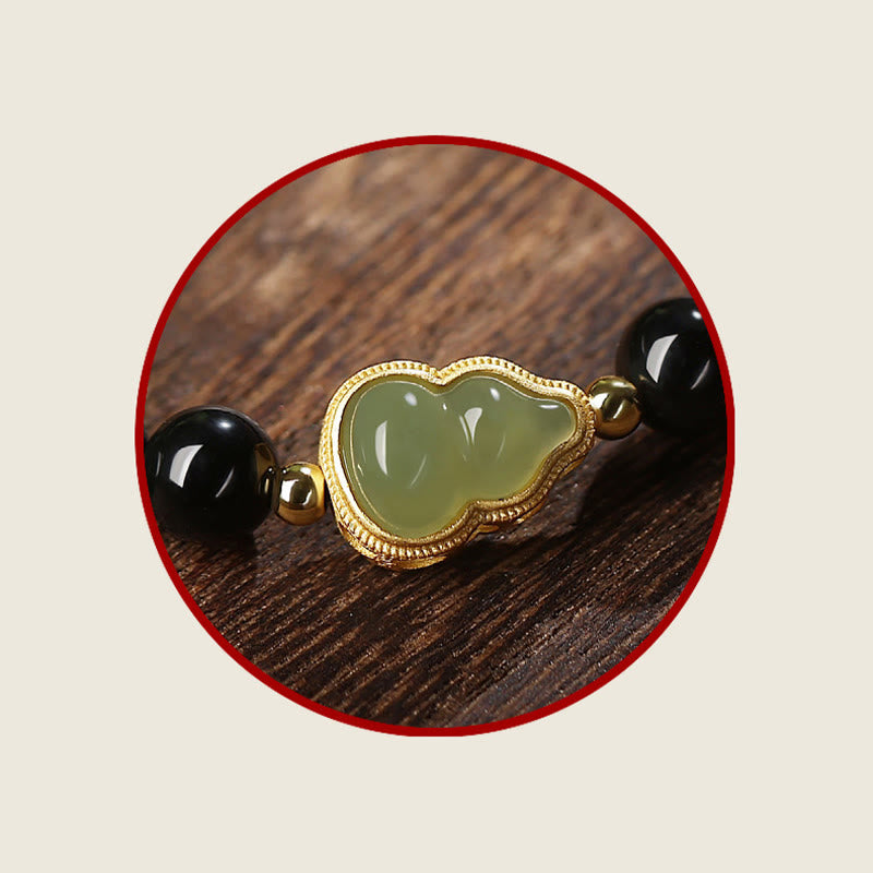 Natürliches schwarzes Obsidian-Hetian-Jade-Kürbis-Armband mit doppelter Glückskraft