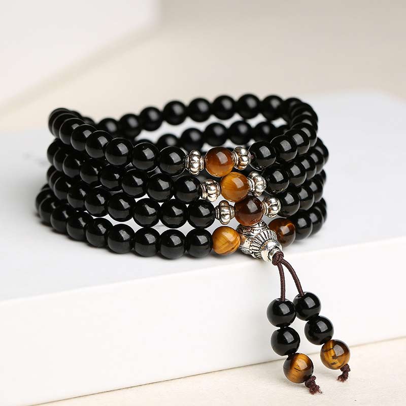 Buddha Stones Schwarzes Obsidian-Tigerauge-Segen-Mala-Armband