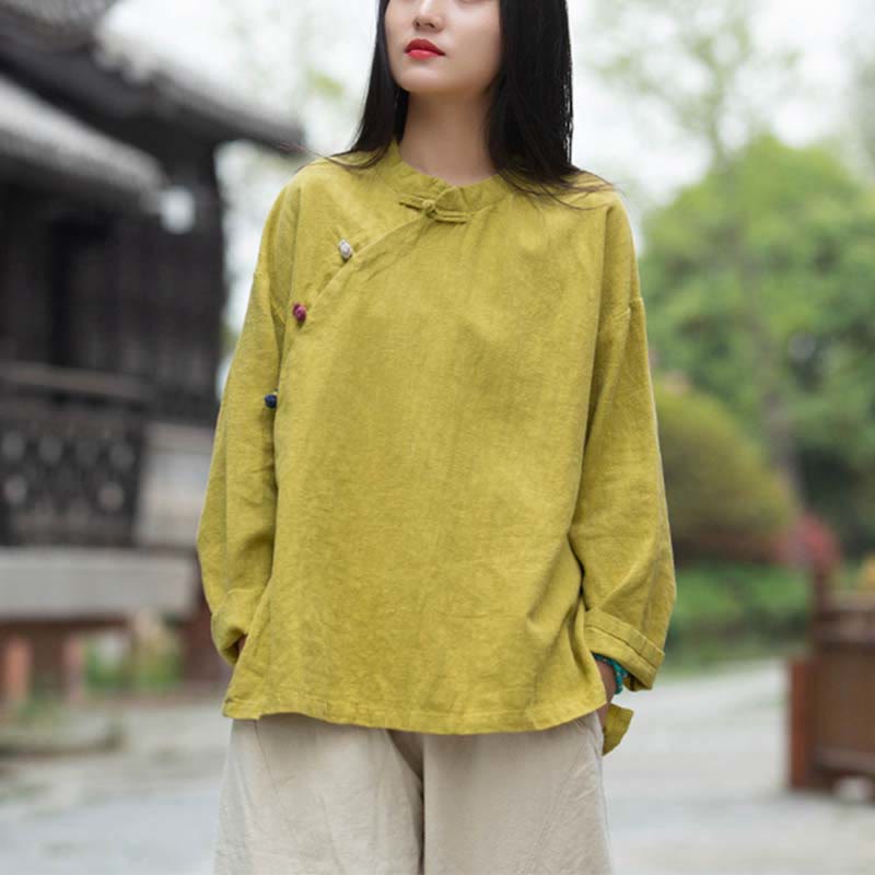 Buddha Stones Ramie Leinen Bluse Damen Shirt Top Chinesische Hanfu Stil Kleidung