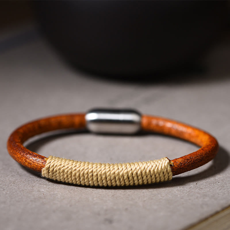 Armband mit Buddha Stonesn, tibetischem Leder, handgefertigt, fünf Elemente, Glücksgeflecht, Schnalle - Beige (Metall) - 19 cm - image 8