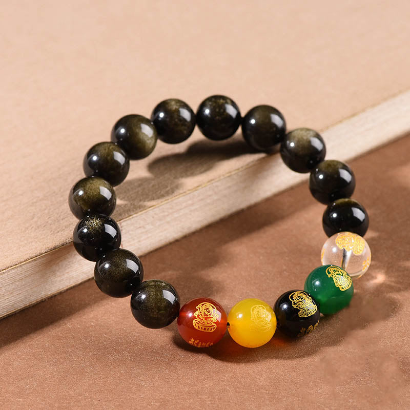 Buddha Stones Armband Gods of Wealth, goldglänzender Obsidian, Regenbogenobsidian, schwarzer Obsidian, Five Directions