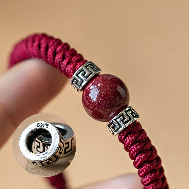 Buddha Stones 925 Sterling Silber Natürliche Zinnoberperle Ruhiges handgefertigtes geflochtenes Schnurarmband - image 1