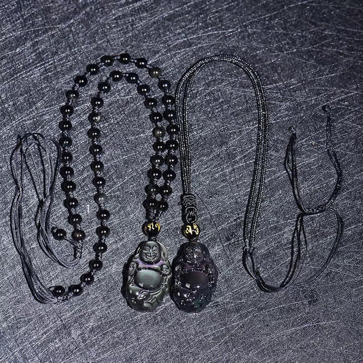 Halskettenanhänger mit natürlichem Regenbogen-Obsidian, lachender Buddha, innerer Frieden - image 6