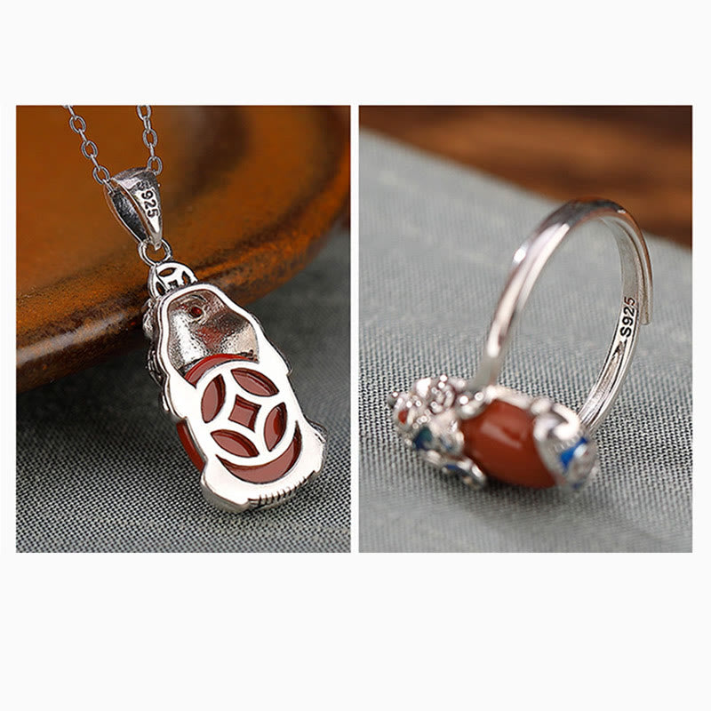 Buddha-Steine 925 Sterling Silber Rot Achat Kupfer Münzen PiXiu Schutz Ring Halskette Anhänger Set