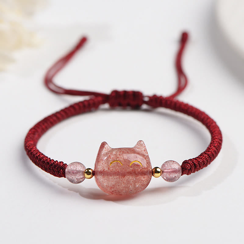 Buddha Stones Handgefertigtes, natürliches, silberglänzendes Obsidian-Erdbeerquarz-Armband mit niedlichem Katzenschutz - Erdbeerquarz (Liebe♥Heilung) - Lächelnde Katze - image 8