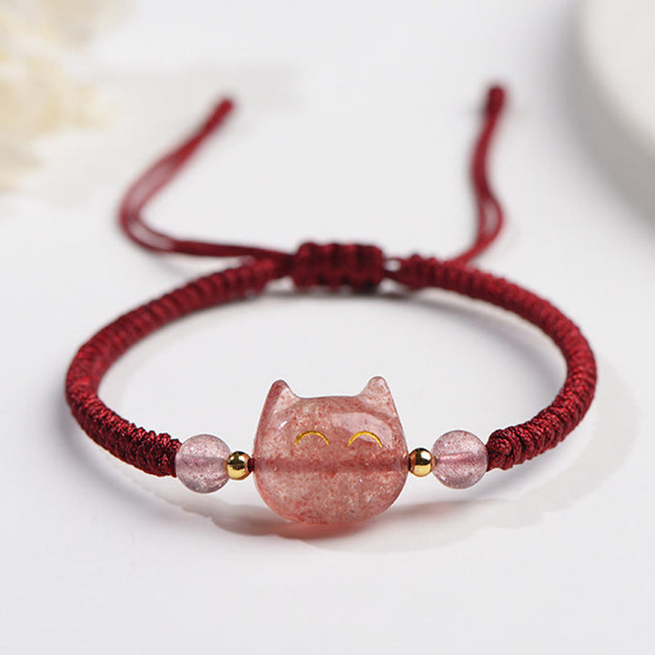 Buddha Stones Handgefertigtes, natürliches, silberglänzendes Obsidian-Erdbeerquarz-Armband mit niedlichem Katzenschutz - Erdbeerquarz (Liebe♥Heilung) - Lächelnde Katze - image 8