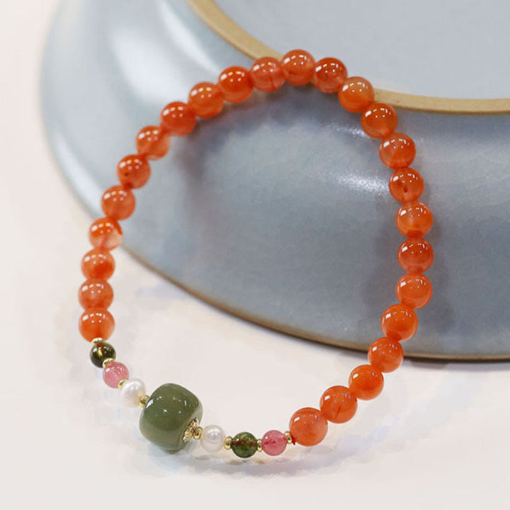 Buddha Stones Armband aus natürlichem rotem Achat und Hetian-Jade-Perle für Selbstvertrauen und Ruhe