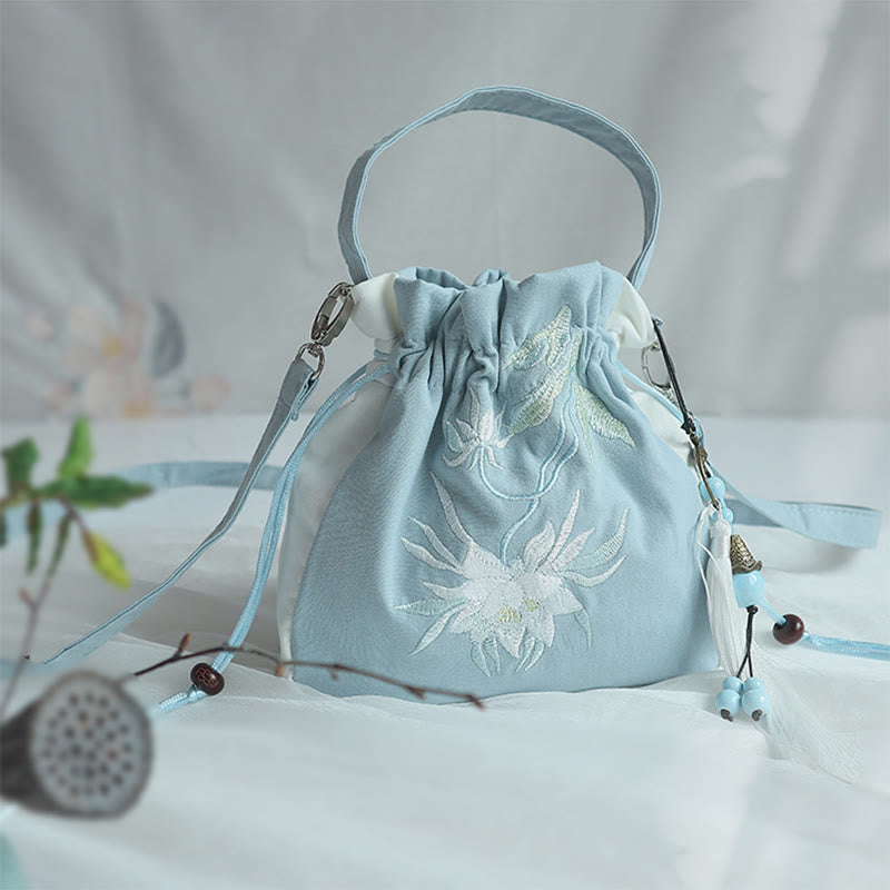 Buddha Stones Handgefertigte bestickte Blumen Canvas Tote Schultertasche Handtasche - Blau-Weiße Lotusblume 20 x 20 cm - image 44