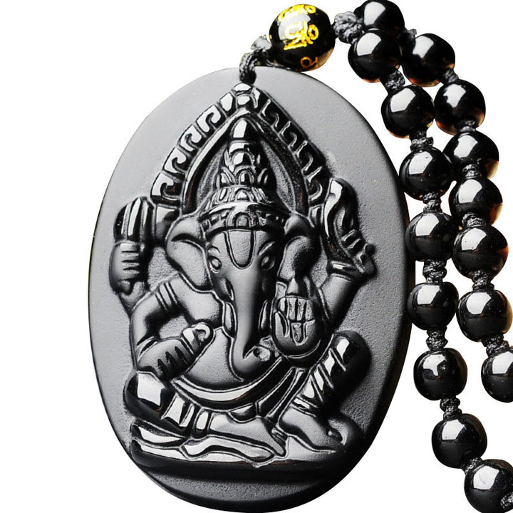 Buddha Stones Tibetischer Obsidian Ganesh Ganpati Elefant Reichtum Amulett Halskette - image 0