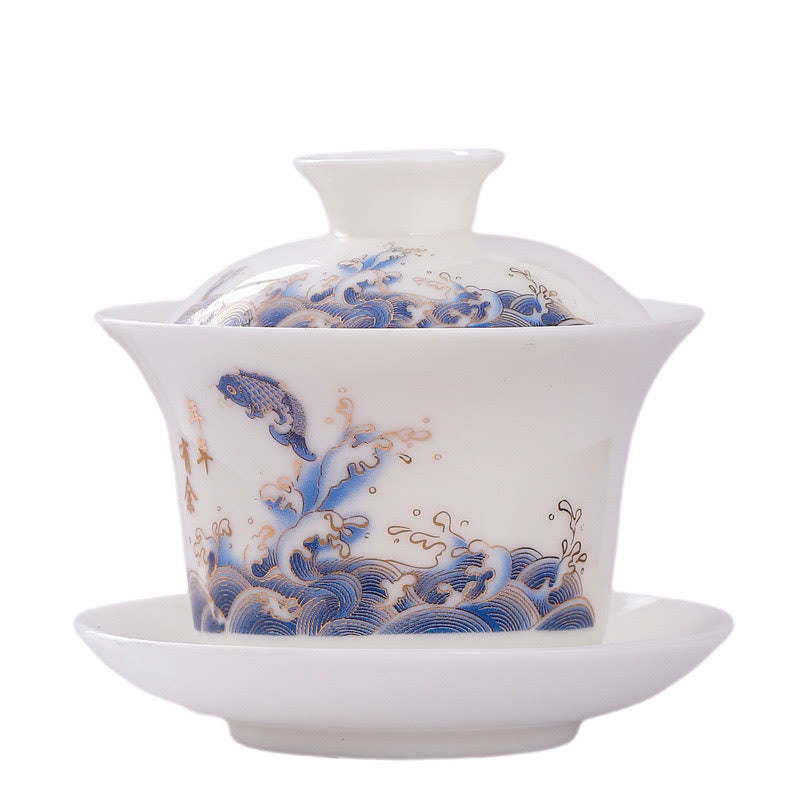 Buddha-Steine, Weiß Porzellan, Berglandschaft, Landschaft, Keramik, Gaiwan-Teetasse, Kung-Fu-Teetasse und Untertasse mit Deckel