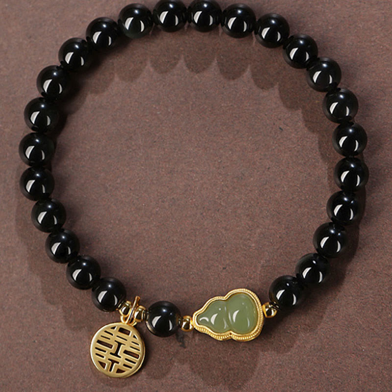 Natürliches schwarzes Obsidian-Hetian-Jade-Kürbis-Armband mit doppelter Glückskraft