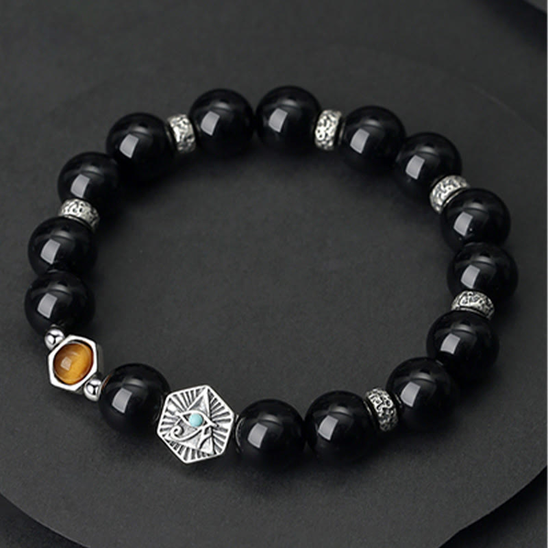 Buddha Stones 925 Sterling Silber Schwarzer Obsidian Tigerauge Auge der Vorsehung Reinigungsarmband