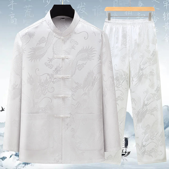 Buddha Stones Tang Anzug Männer Hanfu Chinesischer Drache Traditionelle Kleidung Kung Fu Hemd Uniform Langärmeliger Mantel Tops und Hosen Kleidung Herren Set - Weiß - US/UK/AU42, EU52 (3XL) - image 16
