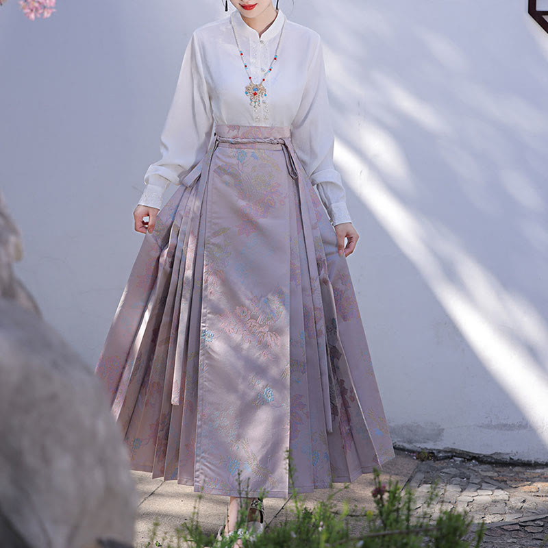 Buddha-Steine, chinesischer Hanfu, rosa, fliegender Kranich, bedruckt, Pferdegesichtsrock, Mamianqun