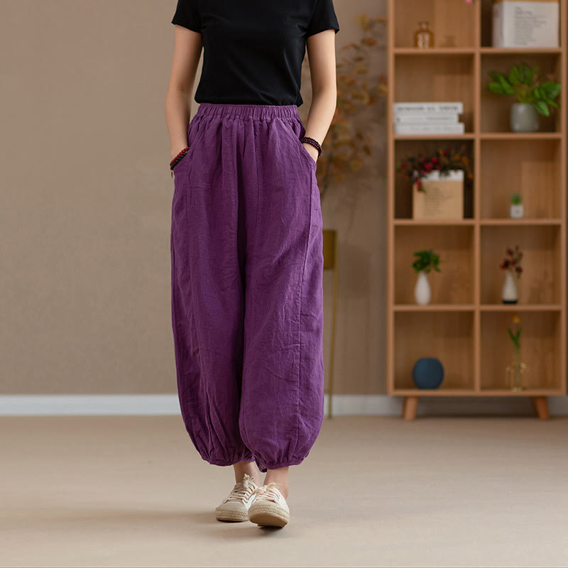 Buddha Stones Ramie Leinen Yoga-Haremshose mit flexiblem Bund und Taschen