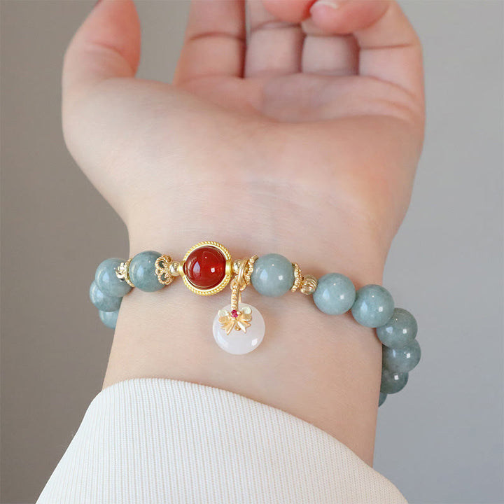 Buddha Stones Armband mit Fliege und Glücksbringer, Naturjade, roter Achat, Perlen