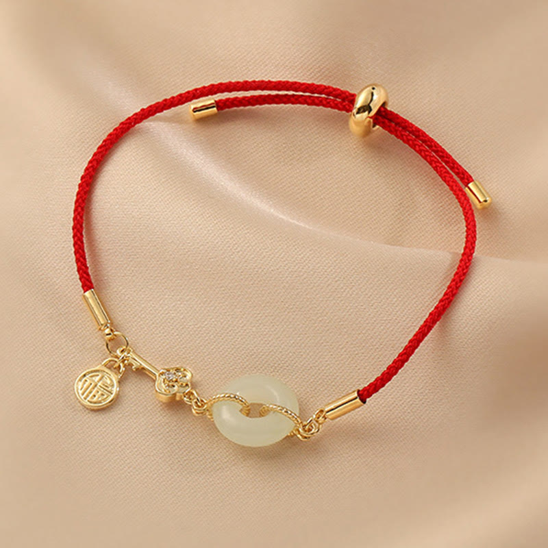 Buddha Stones 18 Karat vergoldetes Hetian-Jade-Armband mit Friedensschnalle, Fu-Charakter, Glück, rotes Seil