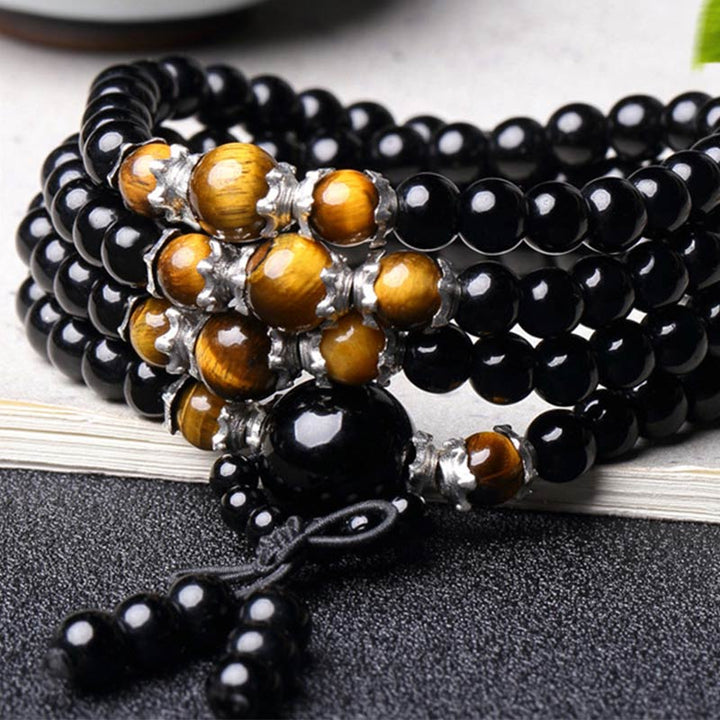 Buddha Stones 108 Perlen natürliches schwarzes Obsidian-Tigerauge-Mala-Armband