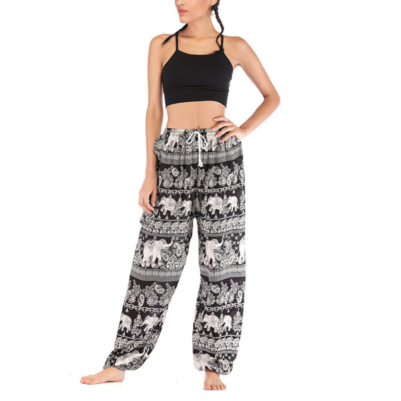 Buddha Stones Boho Lockere Haremshose mit Elefantenmuster für Damen, Yogahose