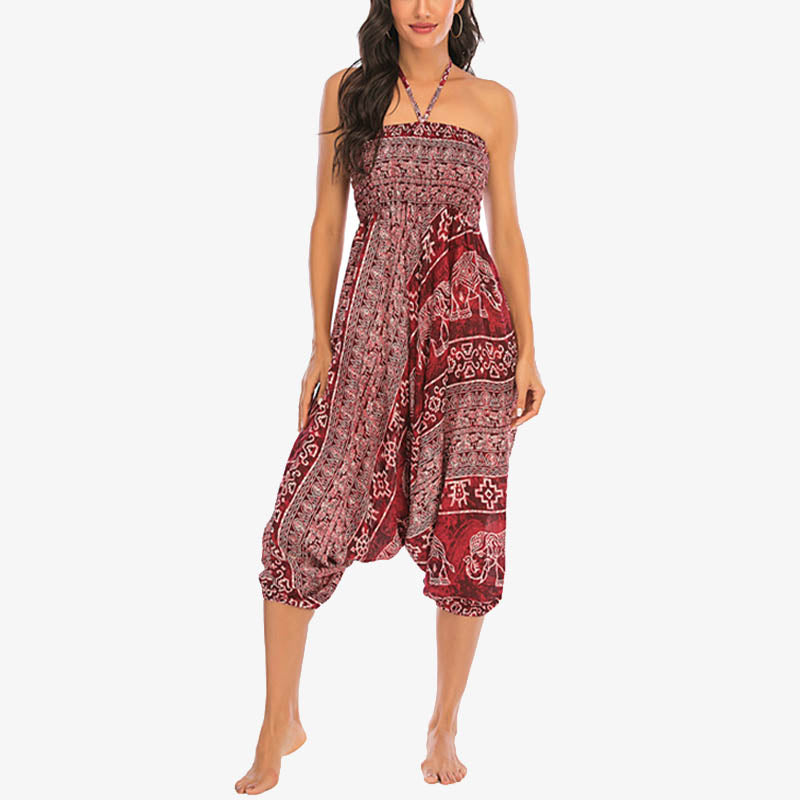 Buddha Stones Locker gesmokte Haremshose mit Elefantenmuster in zwei Stilen, Jumpsuit, Yogahose für Damen