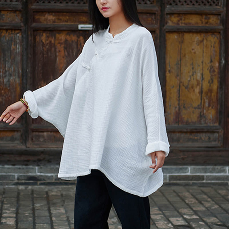 Buddha Stones Damen Baumwoll-Leinen-Hemd Top Bluse Fledermausärmel Stil Kleidung