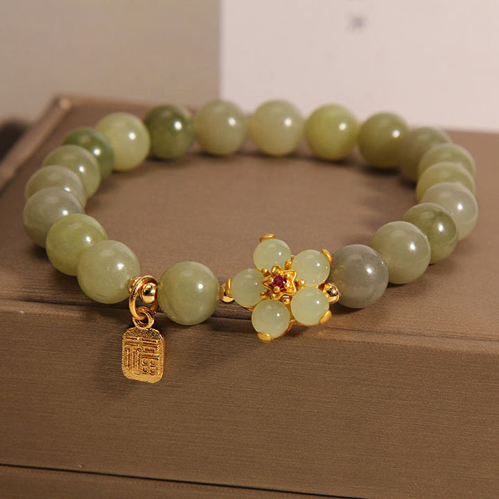 Buddha-Steine, grüne Jade, Blume, Fu-Charm, Glücksarmband