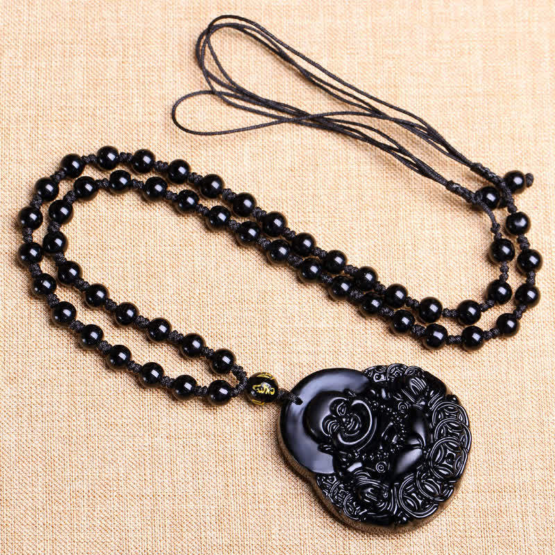 Buddha Stones Lachender Buddha Schwarzer Obsidian Kraftschutz Anhänger Halskette - image 5