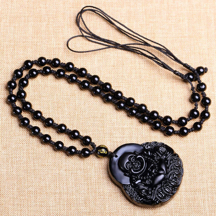 Buddha Stones Lachender Buddha Schwarzer Obsidian Kraftschutz Anhänger Halskette - image 5
